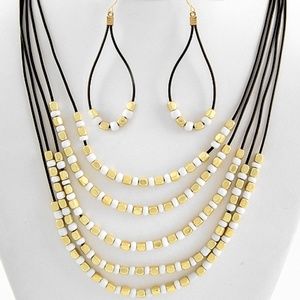 Gold & White Bead Layered Necklace & Earrings Set